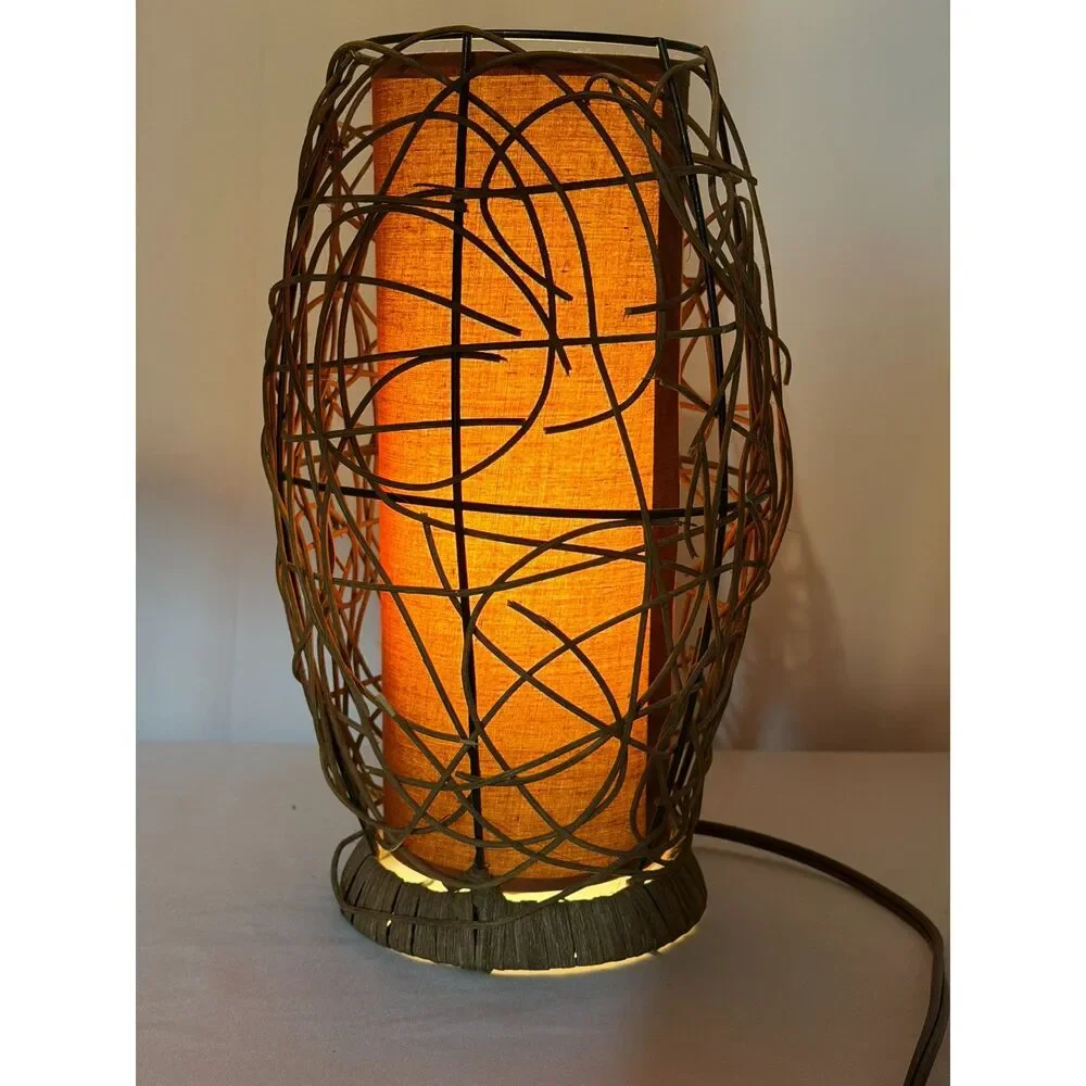 VTG Mid Century Noguchi Like Table Lamp Bamboo Ambient Hurricane Wood Boho WORKS